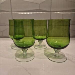 MCM Colony Saturn Set Of 4 Green Glass Hand-blown 5.75" Tall Goblets